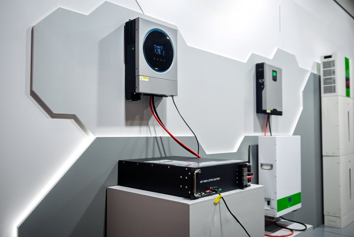 A cutting-edge renewable energy setup in a sleek, modern environment.