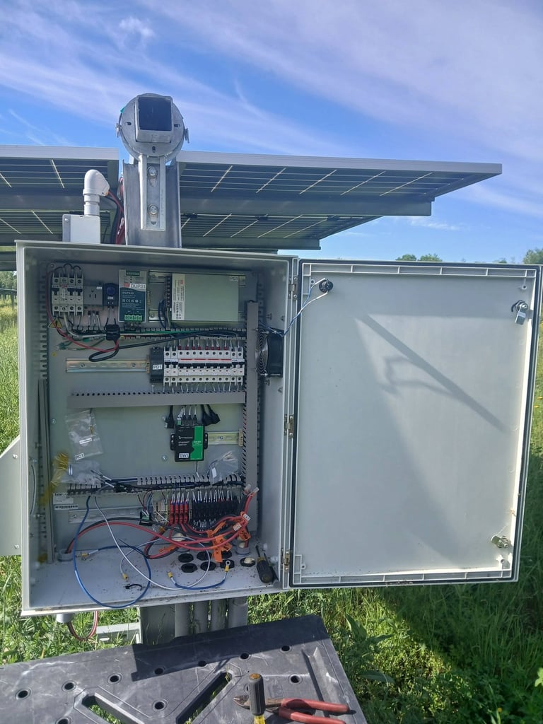 Solar-powered electrical panel with open door showing circuit breakers, wiring, and control components mounted on a pole with camera