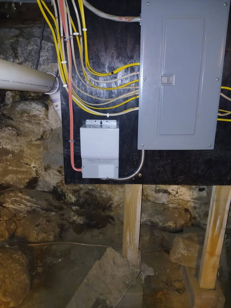 Electrical panel mounted on dark background with yellow and red wires, white outlet box, and gray metal enclosure in basement setting